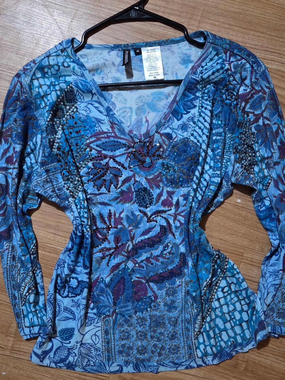 Womens Y2K Fairycore Beaded Forbidden 3/4 Sleeve Blue Purple Vintage Blouse Sz M